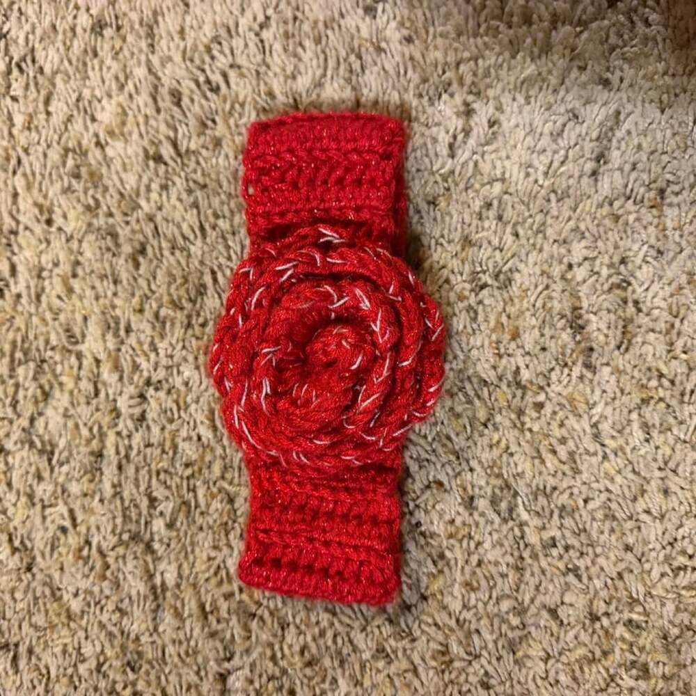 Handmade Red Crochet Headband With Flower Accent